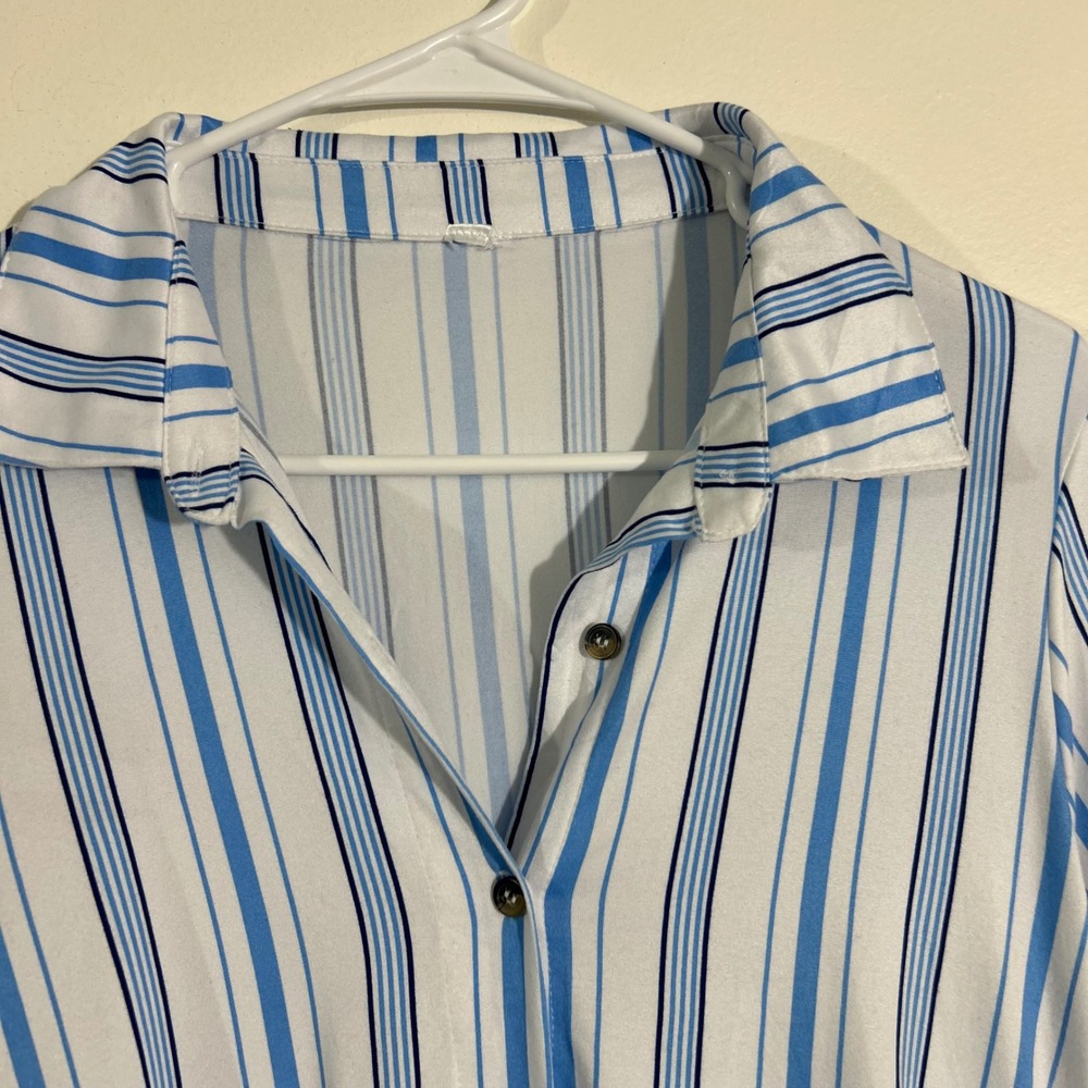 Striped Button Down Shirt Blue White Long Sleeve Drawstring Casual Womens - Picture 2 of 9